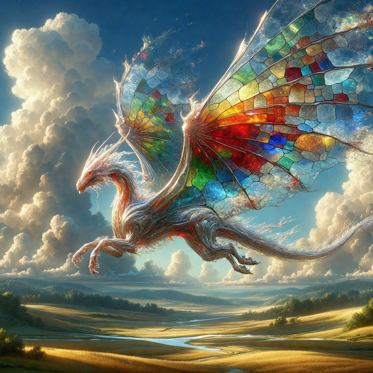 Primary subject: A colorful dragon flying in the sky.

Setting/background: The dragon is flying over a lush green field with a river below.

Visual style: The image is a digital art or illustration.

Colors and mood: The dragon is colorful, with a mix of red, white, blue, green, and yellow. The overall atmosphere is vibrant and lively.